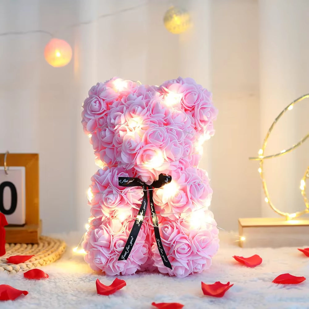 25Cm Artificial Teddy Rose Flower Bear with Box Romantic Valentines Day Gift Girlfriend Women Anniversary Wedding Party Supplies